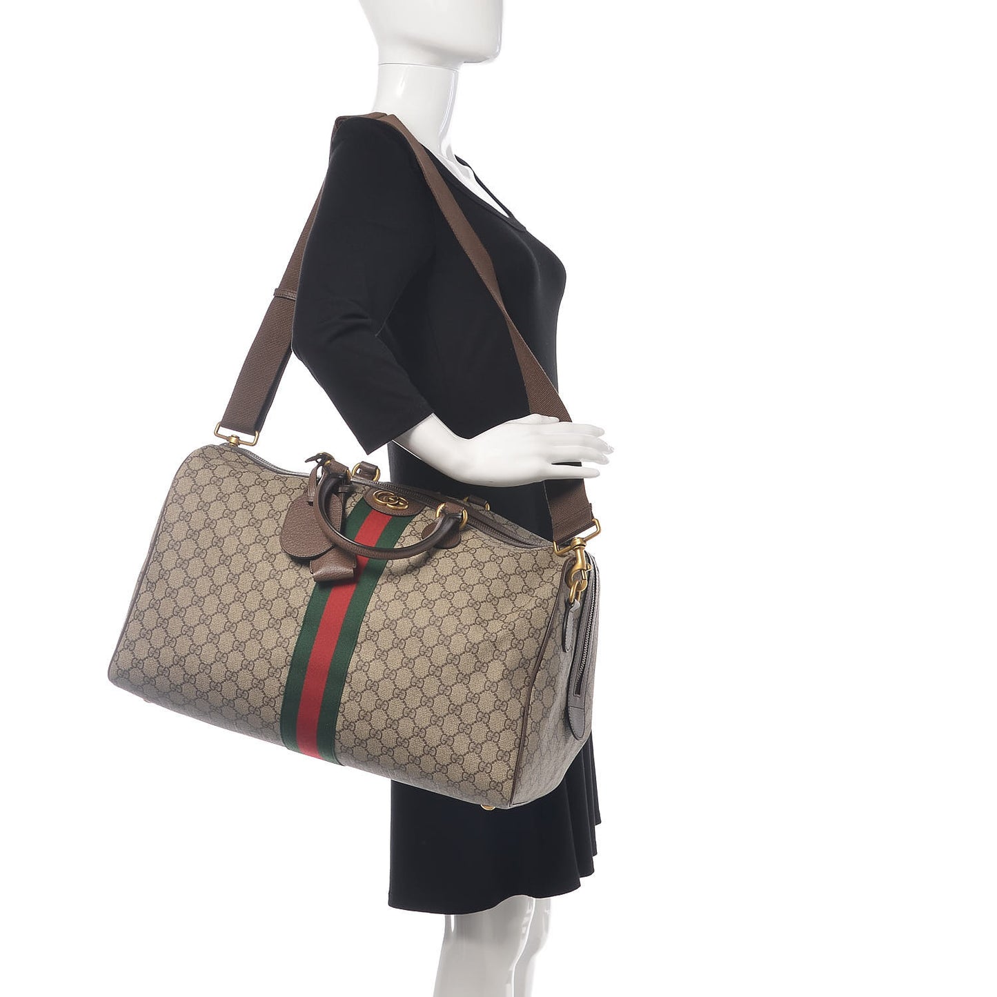 GG Supreme Monogram Textured Dollar Calfskin Web Medium Ophidia Carry-On Duffle Bag Beige Ebony New Acero