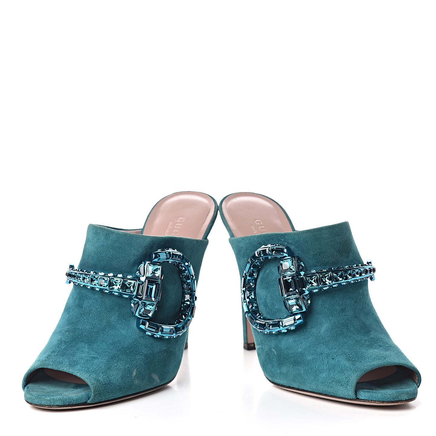 Suede Crystal Maxine Horsebit High Heel Slides 38 Dusty Turquoise