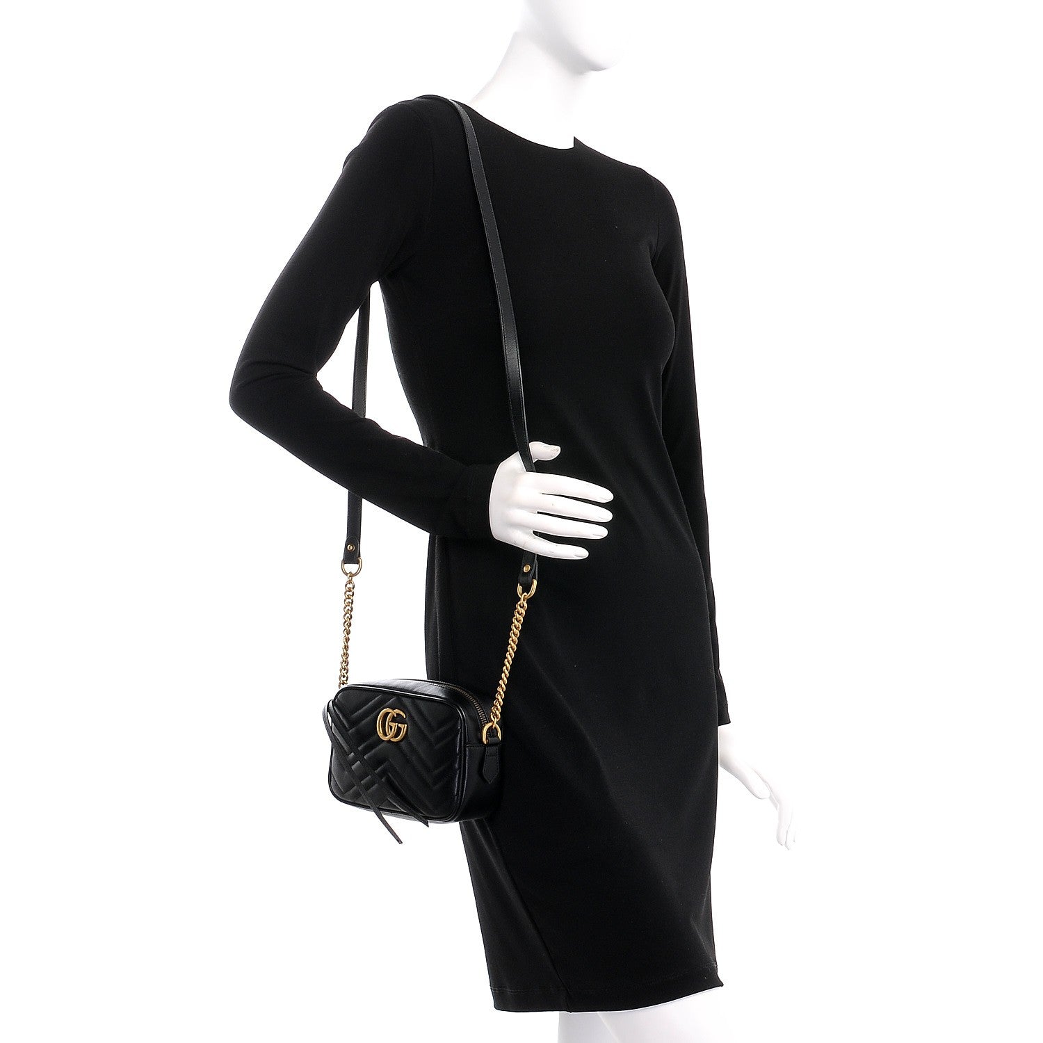 Gucci Calfskin Matelasse Mini GG Marmont Chain Shoulder Bag Black 3 of 7