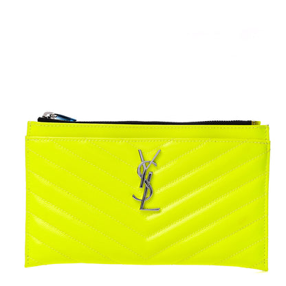 Saint Laurent Patent Grain De Poudre Matelasse Chevron Monogram Bill Pouch Neon Yellow 1 of 9