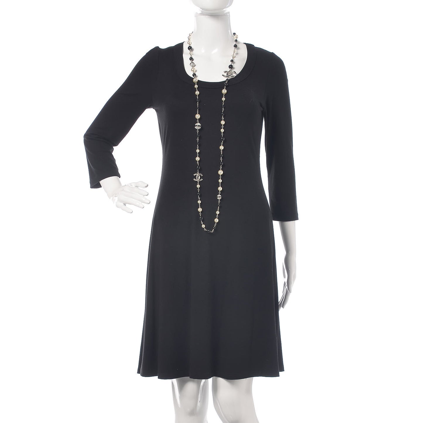 Pearl Crystal Bead CC Long Necklace Silver Black