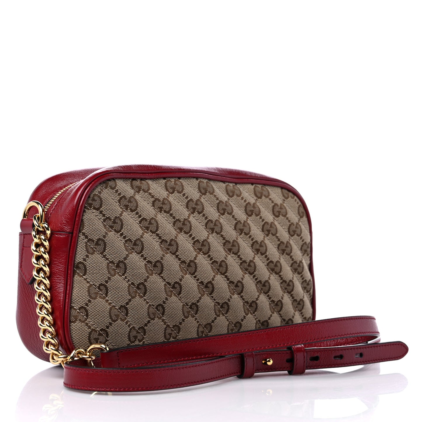 Monogram Azalea Calfskin Matelasse Diagonal Small GG Marmont Chain Shoulder Bag Beige Ebony New Cherry Red