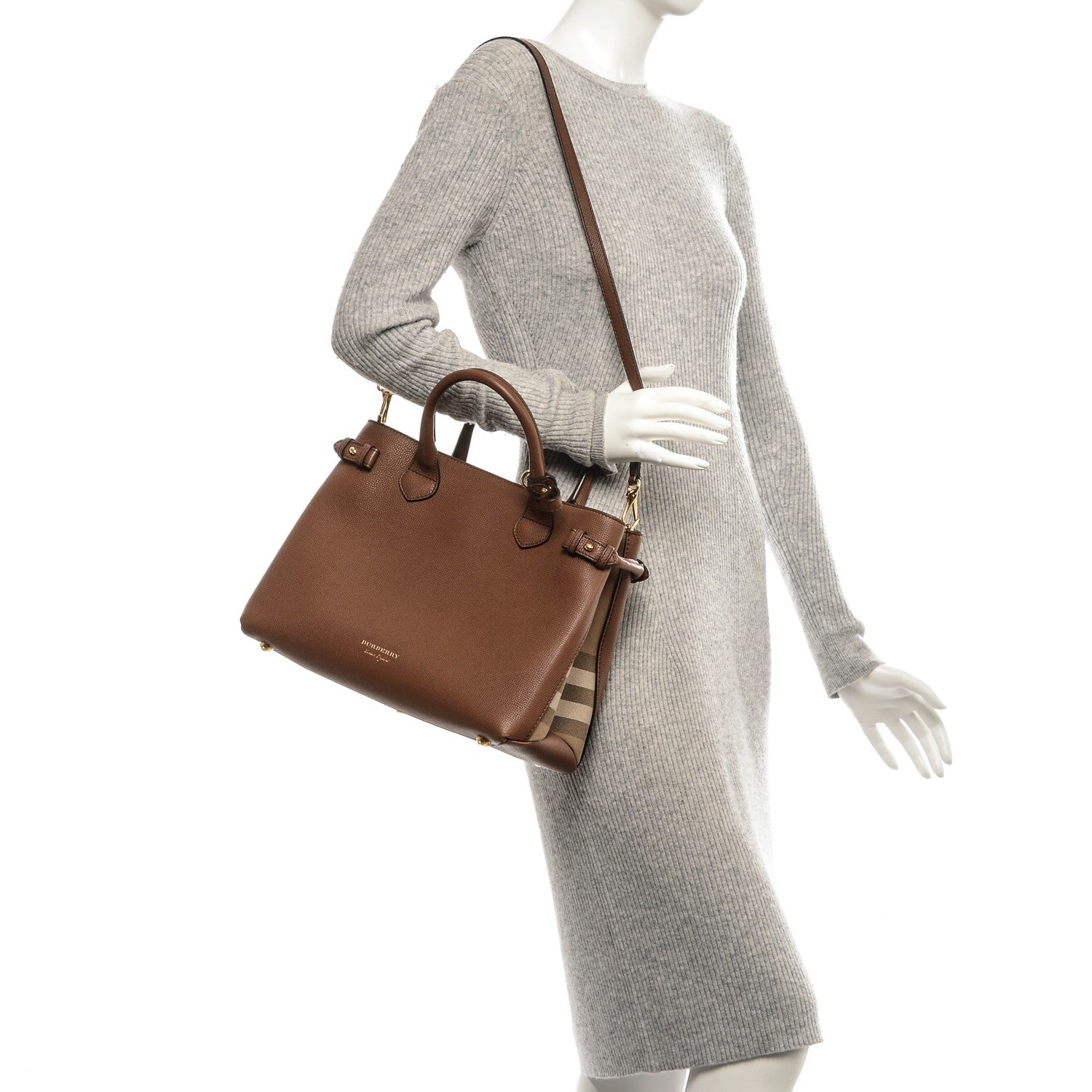 Burberry Grainy Calfskin House Check Medium Banner Tote Tan 2 of 7