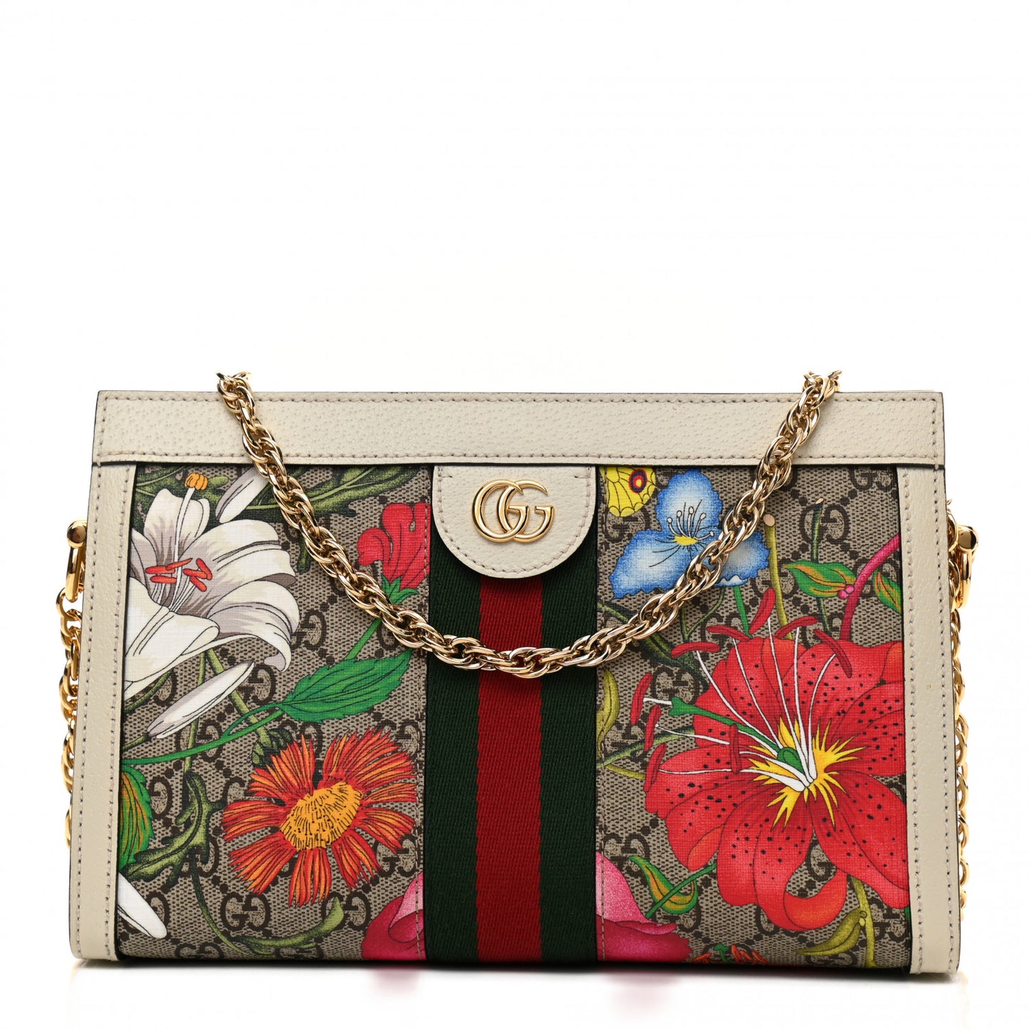 GG Supreme Monogram Flora Web Small Ophidia Chain Shoulder Bag White
