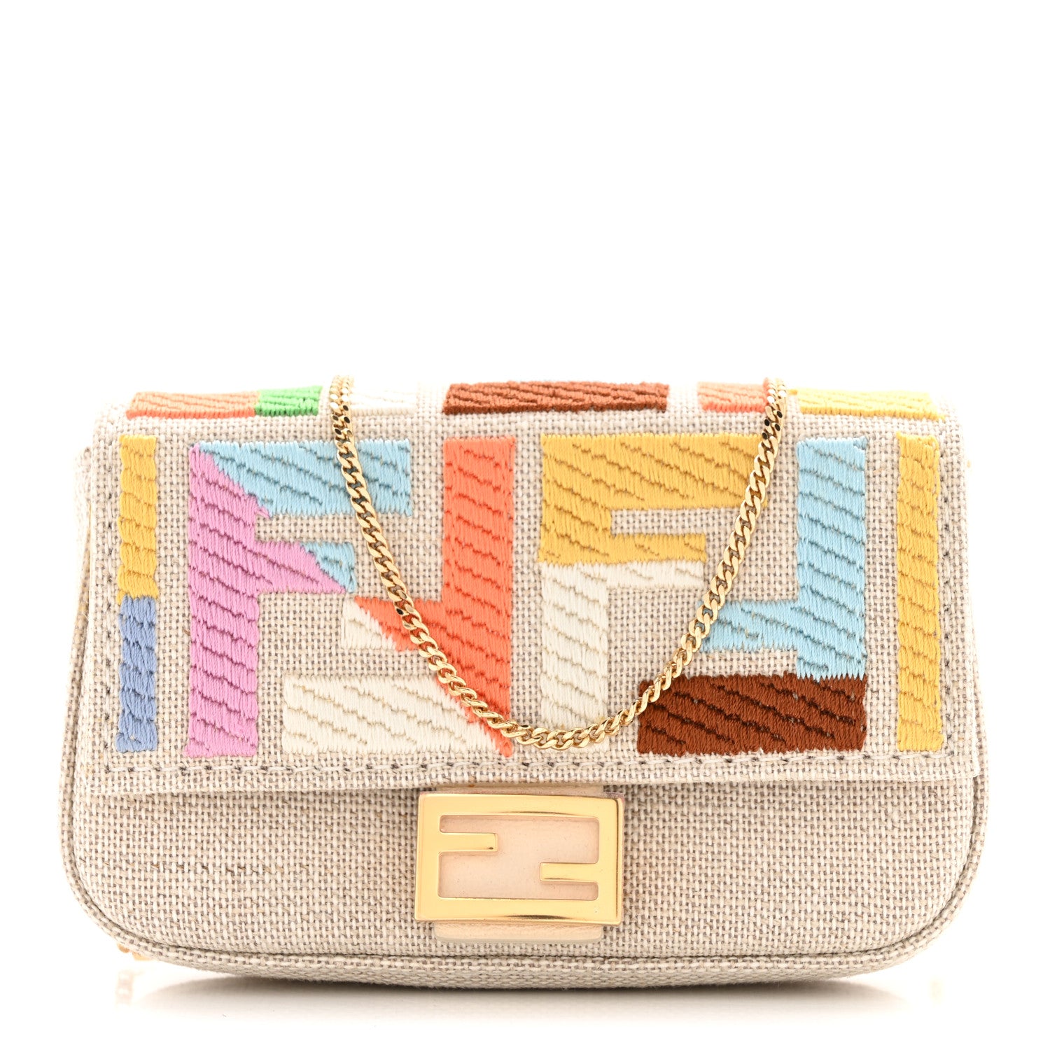 Fendi Kuban Canvas FF Embroidered Nano Baguette Charm Grezzo Multicolor 1 of 10