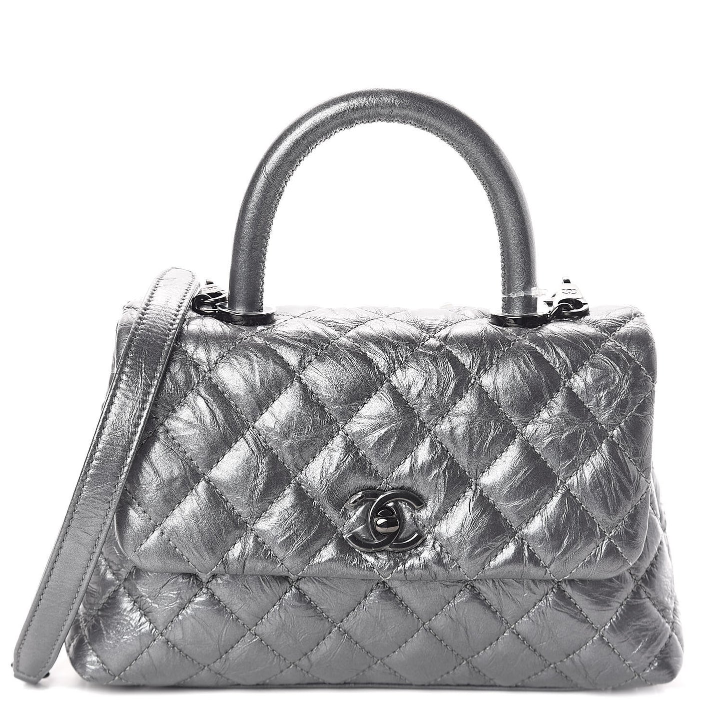 Metallic Aged Calfskin Quilted Mini Coco Handle Flap Charcoal