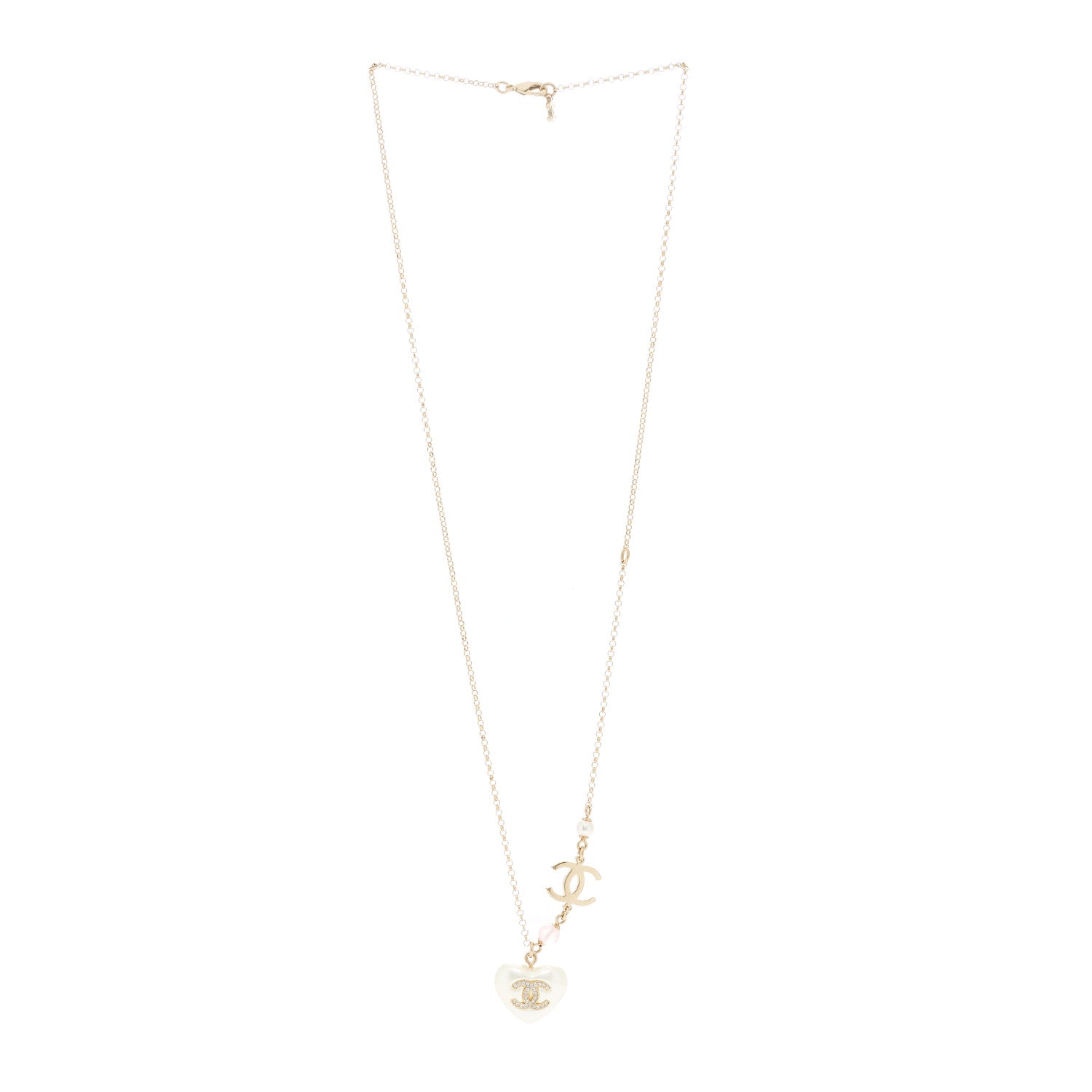 Chanel Resin Crystal CC Heart Necklace Pearly White Gold 3 of 6
