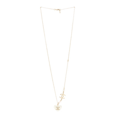 Chanel Resin Crystal CC Heart Necklace Pearly White Gold 3 of 6