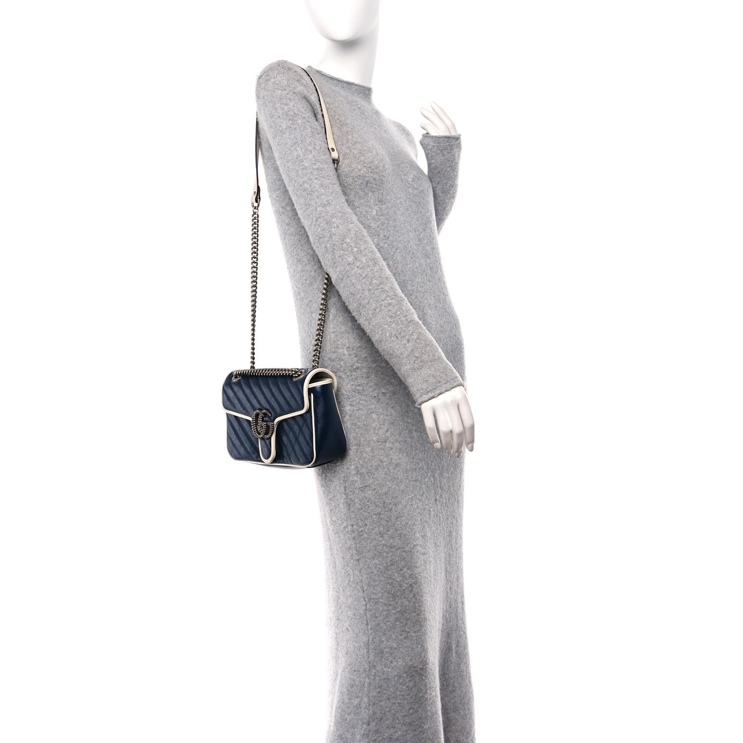 Gucci Vintage Effect Calfskin Matelasse Diagonal Small Torchon GG Marmont Shoulder Bag Blue Agata Mystic White 2 of 11