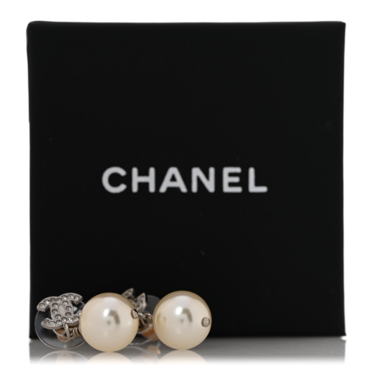 Chanel Crystal Pearl CC Drop Earrings Silver Pearly White 5 of 5