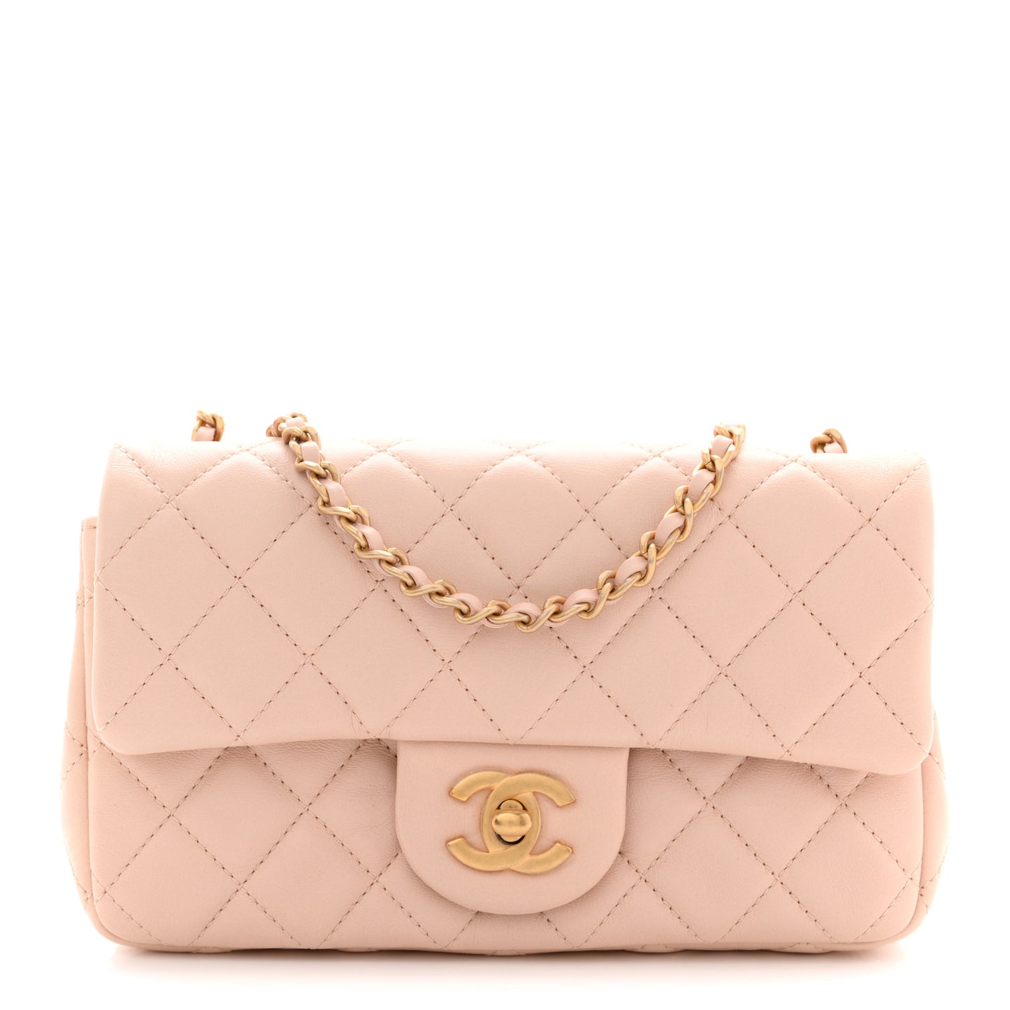 Lambskin Quilted Mini Rectangular Pearl Crush Flap Light Beige