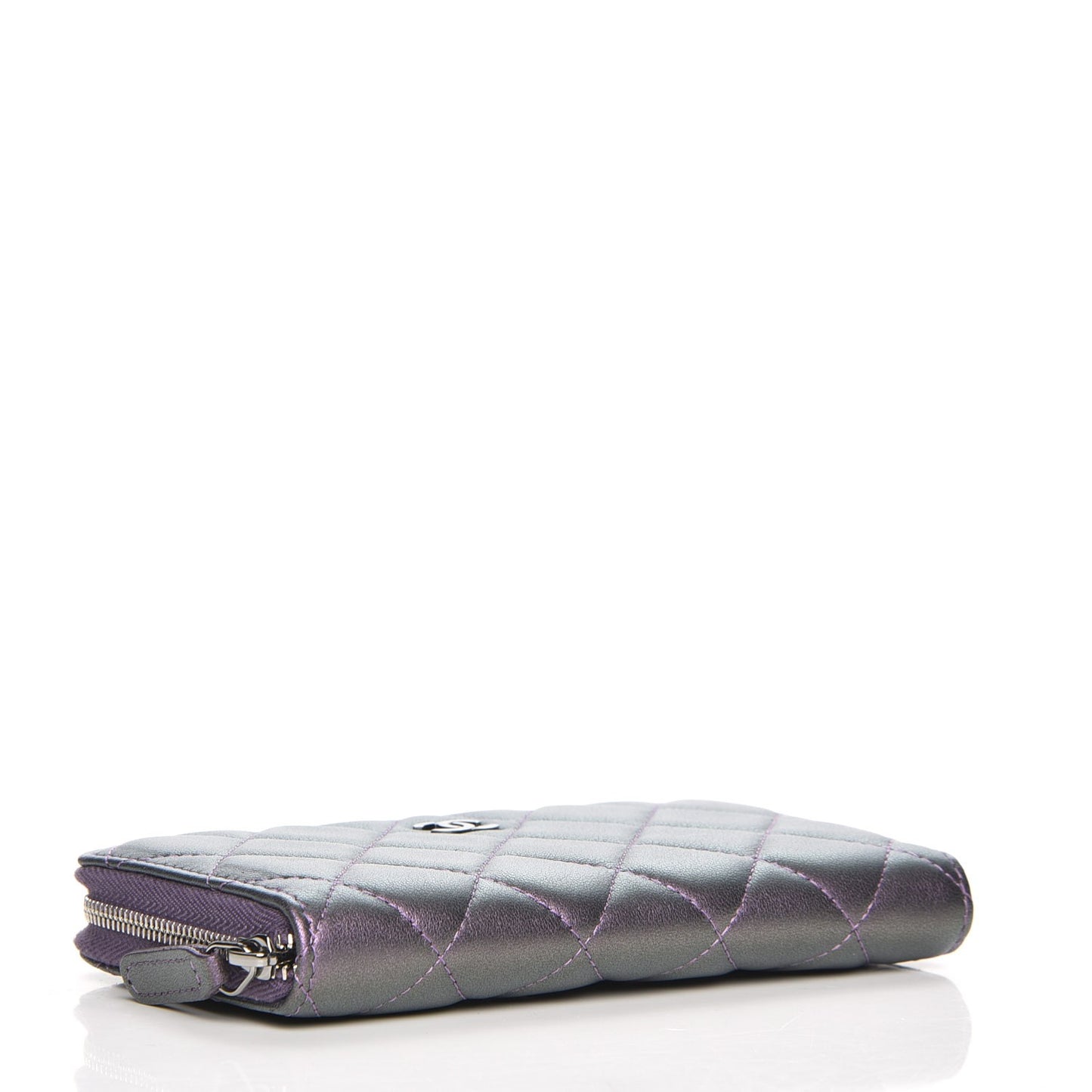 Iridescent Lambskin Quilted Small Zip Around Wallet Purple