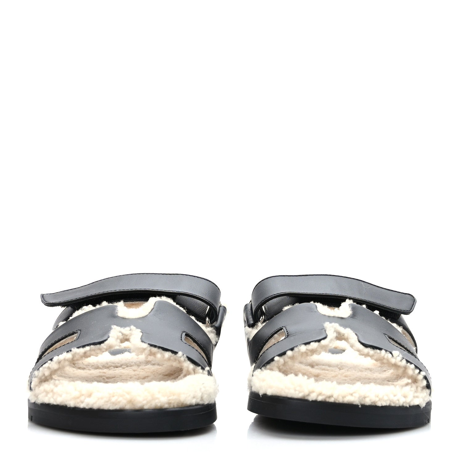 Hermes Calfskin Woolskin Womens Chypre Sandals 38.5 Black Ecru 2 of 8