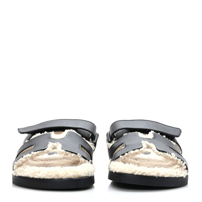 Hermes Calfskin Woolskin Womens Chypre Sandals 38.5 Black Ecru 2 of 8