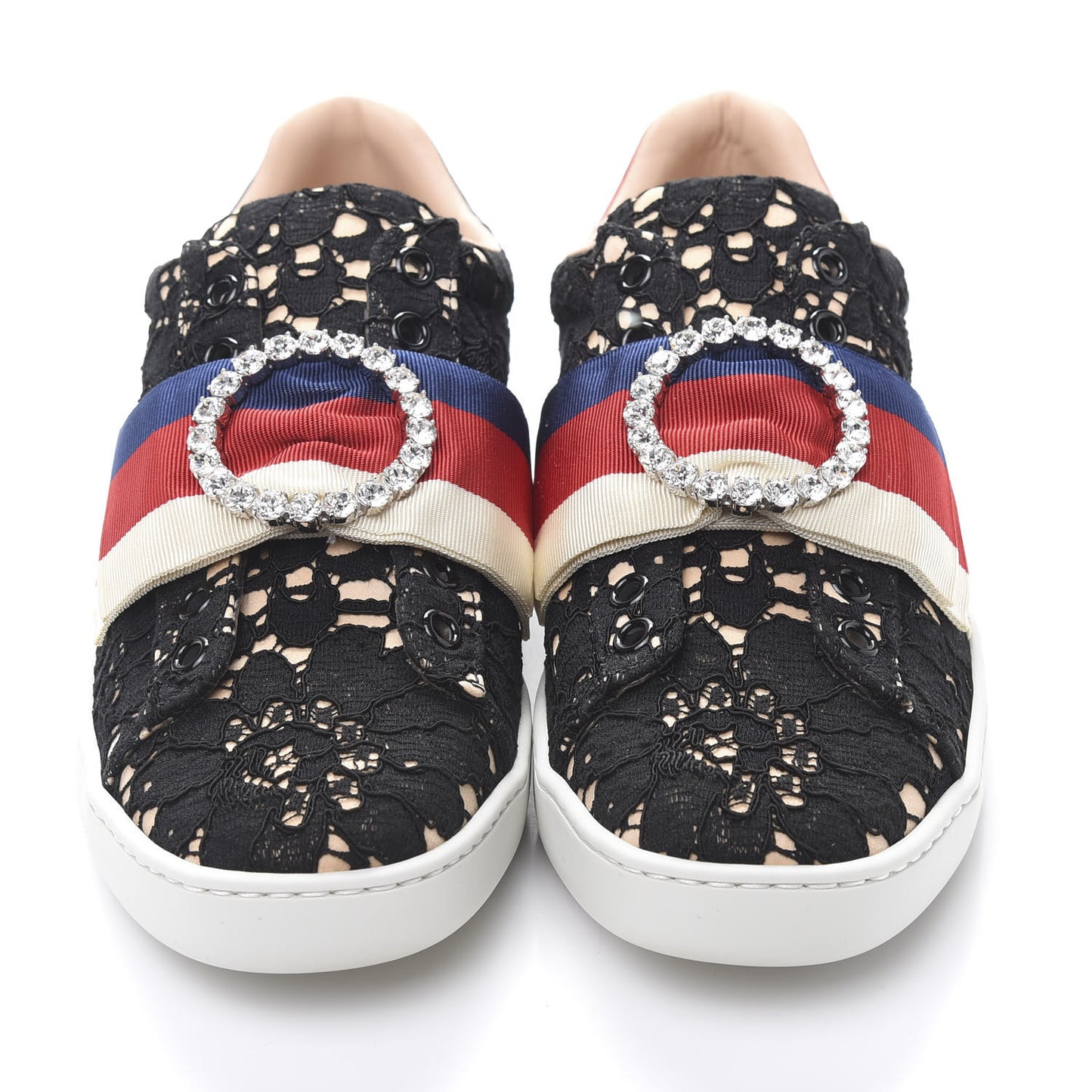 Lace Crystal Sylvie Web Flower Leaf Womens Ace Sneakers 35.5 Black Tan Beige