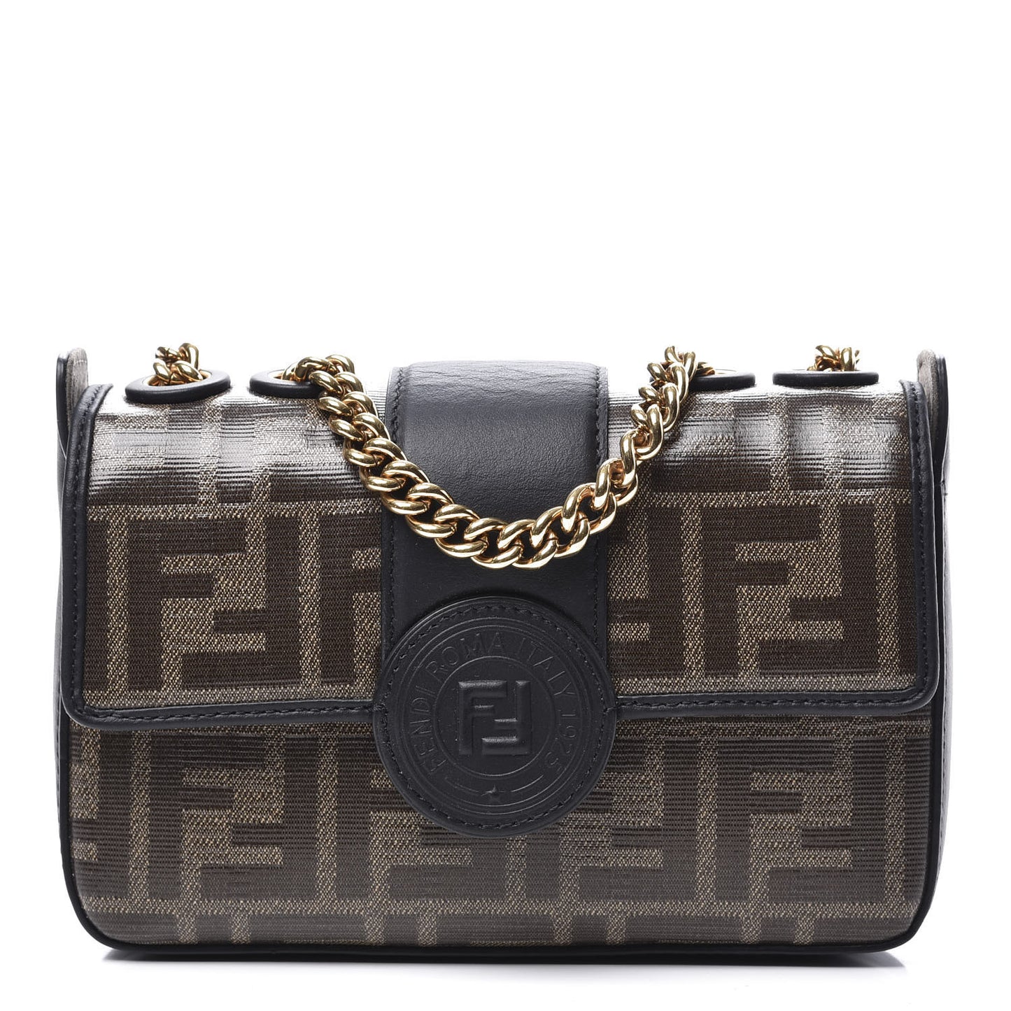 Glazed Fabric Vitello Century FF 1974 Stamp Patch Mini Double F Crossbody Bag Mogano Panna Black
