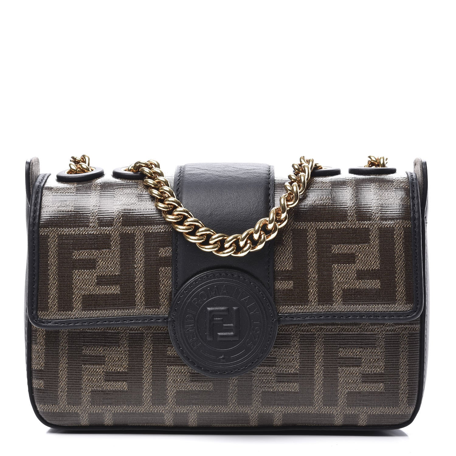 Fendi Glazed Fabric Vitello Century FF 1974 Stamp Patch Mini Double F Crossbody Bag Mogano Panna Black 1 of 10