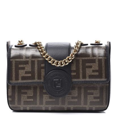 Fendi Glazed Fabric Vitello Century FF 1974 Stamp Patch Mini Double F Crossbody Bag Mogano Panna Black 1 of 10