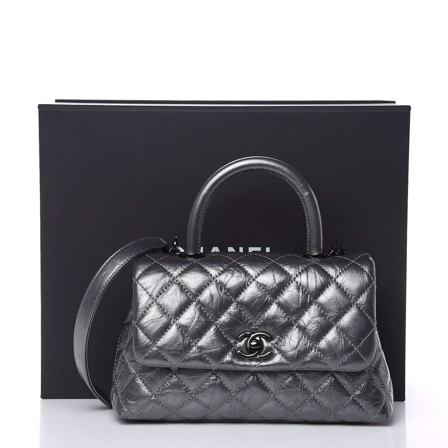 Metallic Aged Calfskin Quilted Mini Coco Handle Flap Charcoal