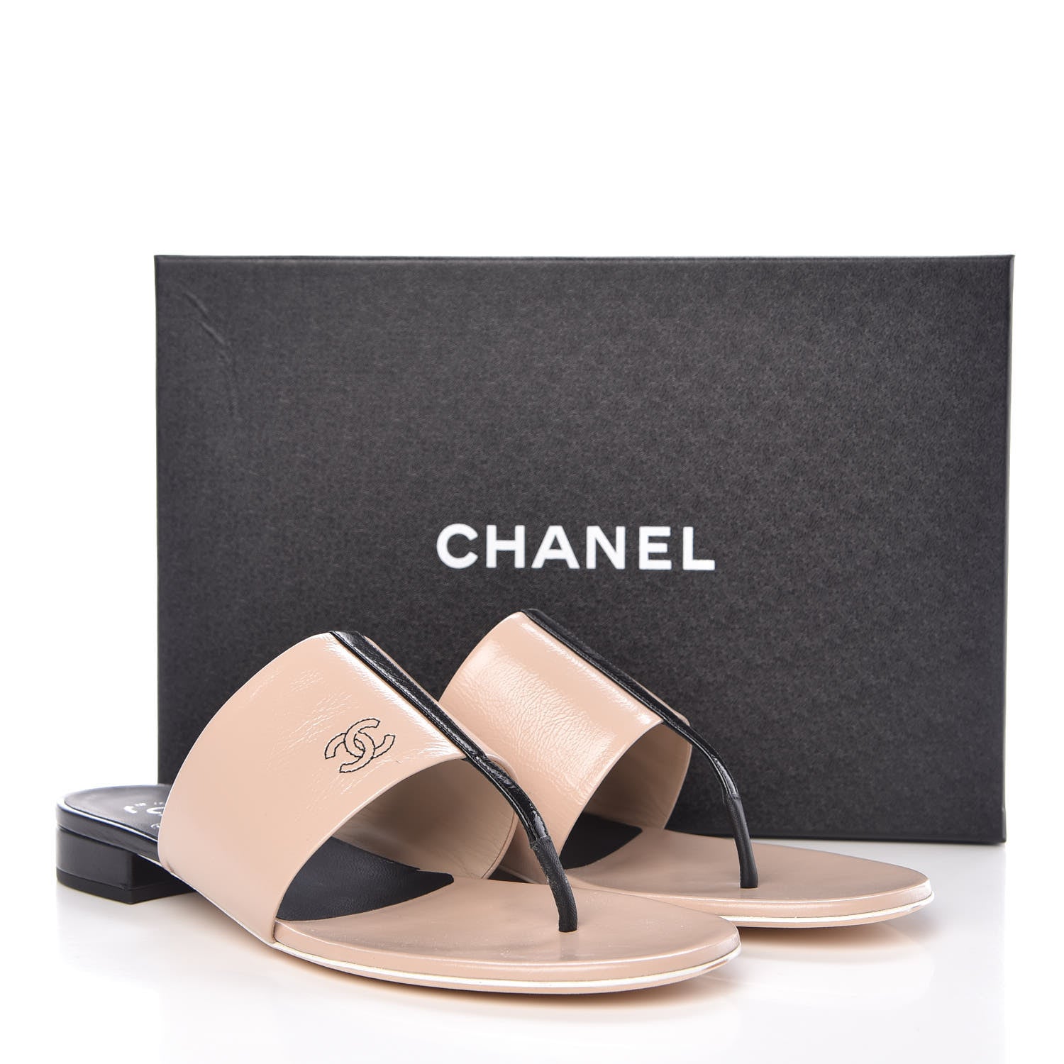 Chanel Calfskin CC Thong Sandals 41 Beige Black 9 of 9