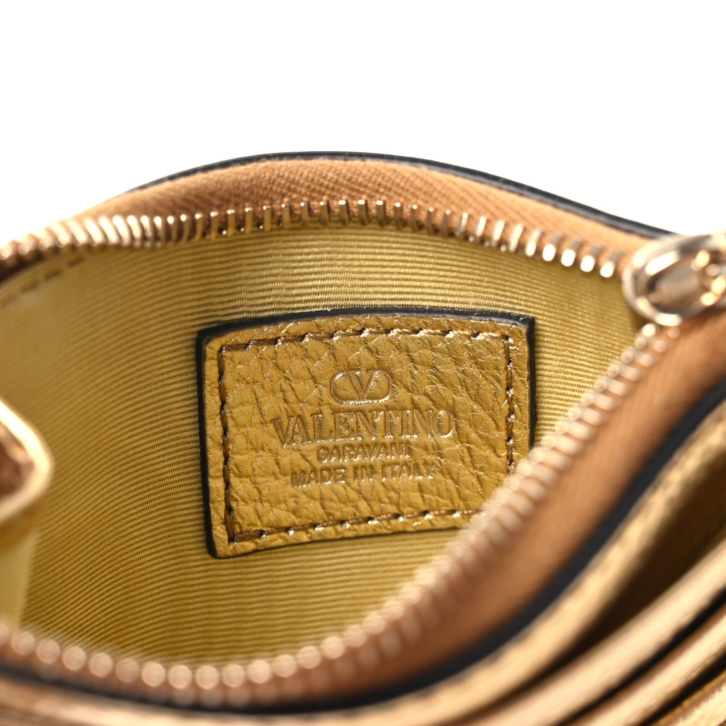 Metallic Pebbled Calfskin Rockstud Card Holder With Zipper Gold