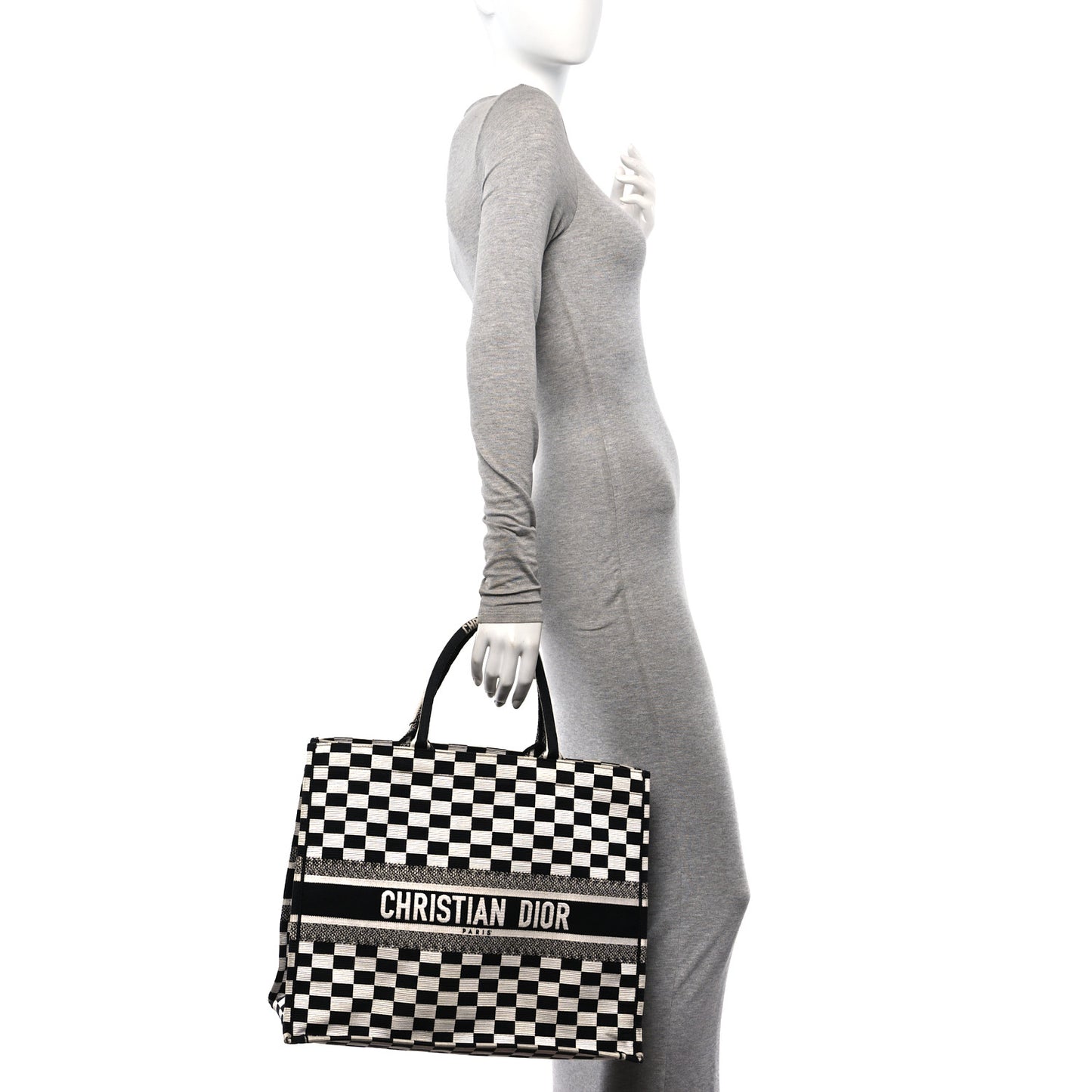 Canvas Embroidered Checkered Book Tote Black White