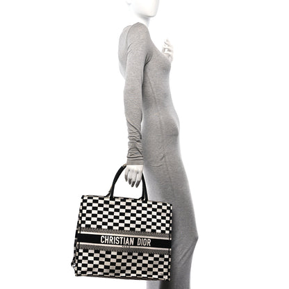 Christian Dior Canvas Embroidered Checkered Book Tote Black White 2 of 14