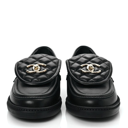 Chanel Lambskin Quilted CC Turnlock Loafers 37.5 Black 2 of 8