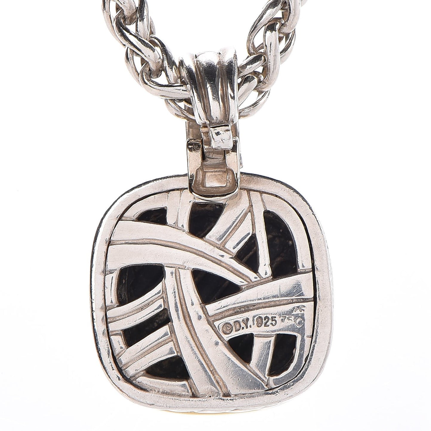 Sterling Silver 18K Yellow Gold Diamond 16mm Sculpted Cable Pendant Necklace