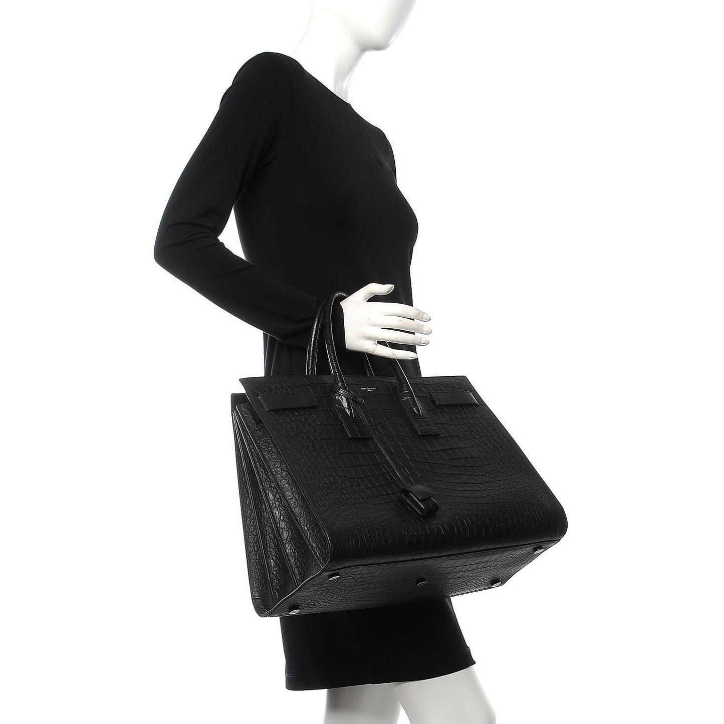 Calfskin Crocodile Embossed Large Sac De Jour Carryall Black