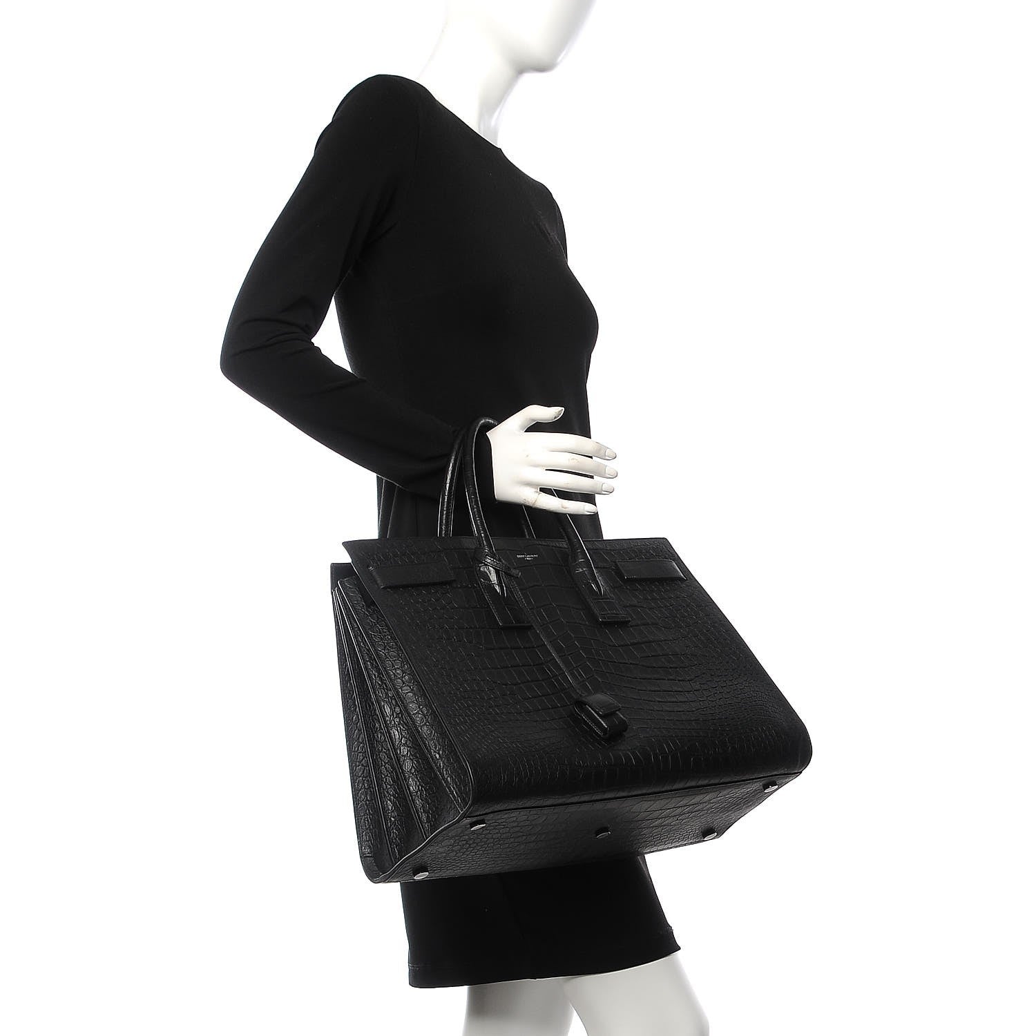 Saint Laurent Calfskin Crocodile Embossed Large Sac De Jour Carryall Black 3 of 7