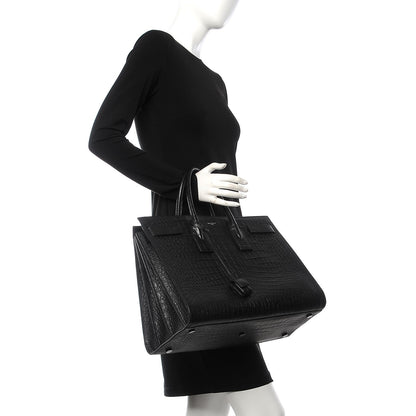 Saint Laurent Calfskin Crocodile Embossed Large Sac De Jour Carryall Black 3 of 7