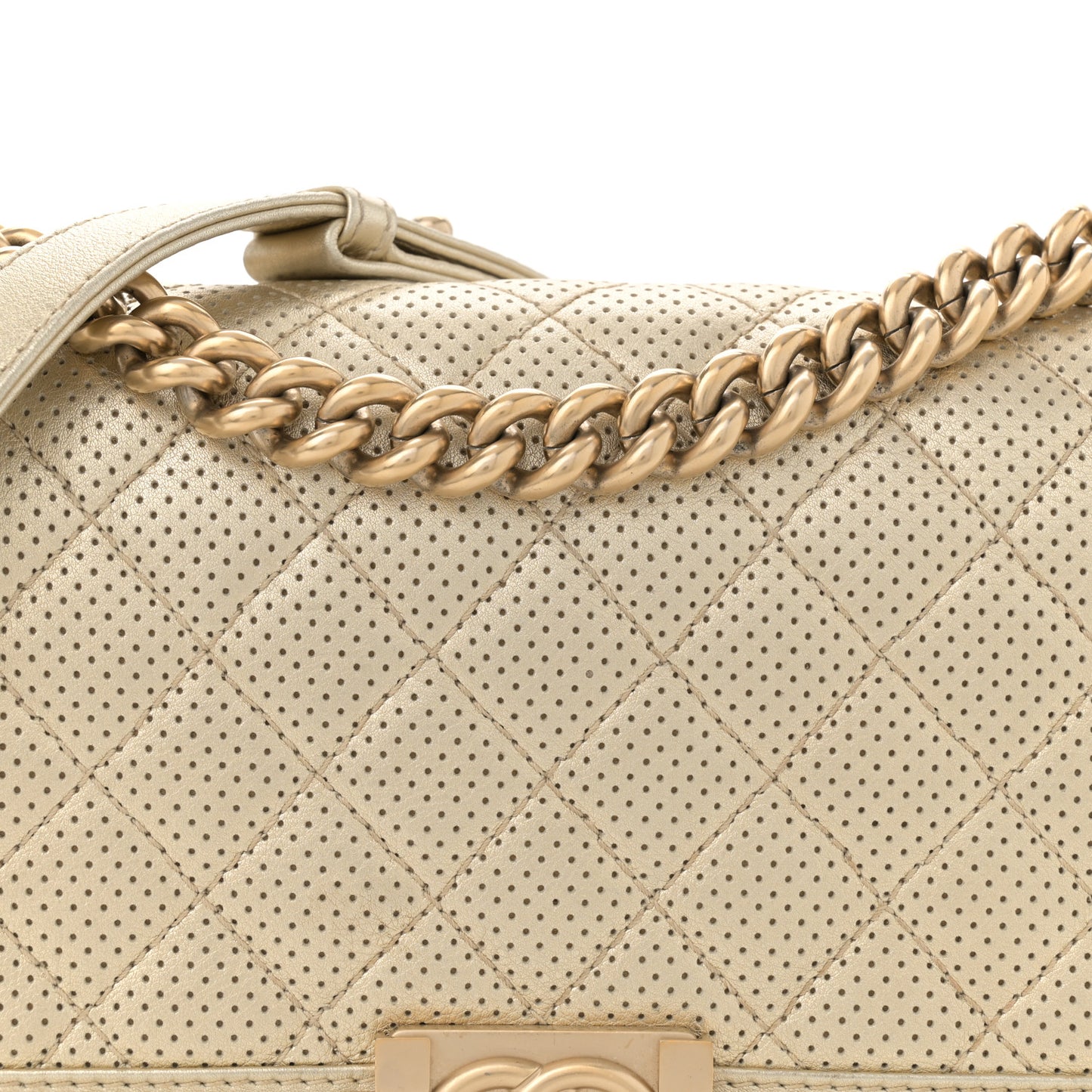 Metallic Perforated Lambskin Quilted Medium Boy Flap Gold