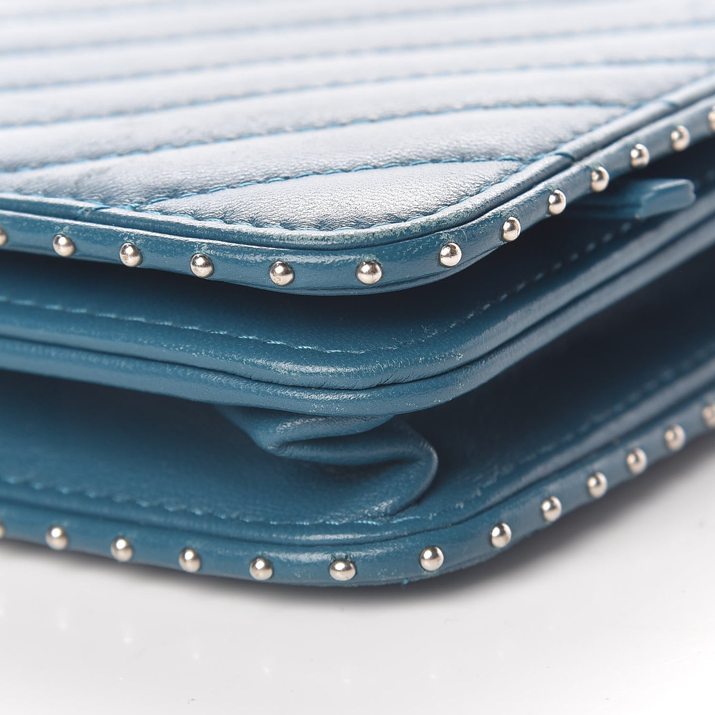 Lambskin Chevron Quilted Studded Wallet On Chain WOC Blue