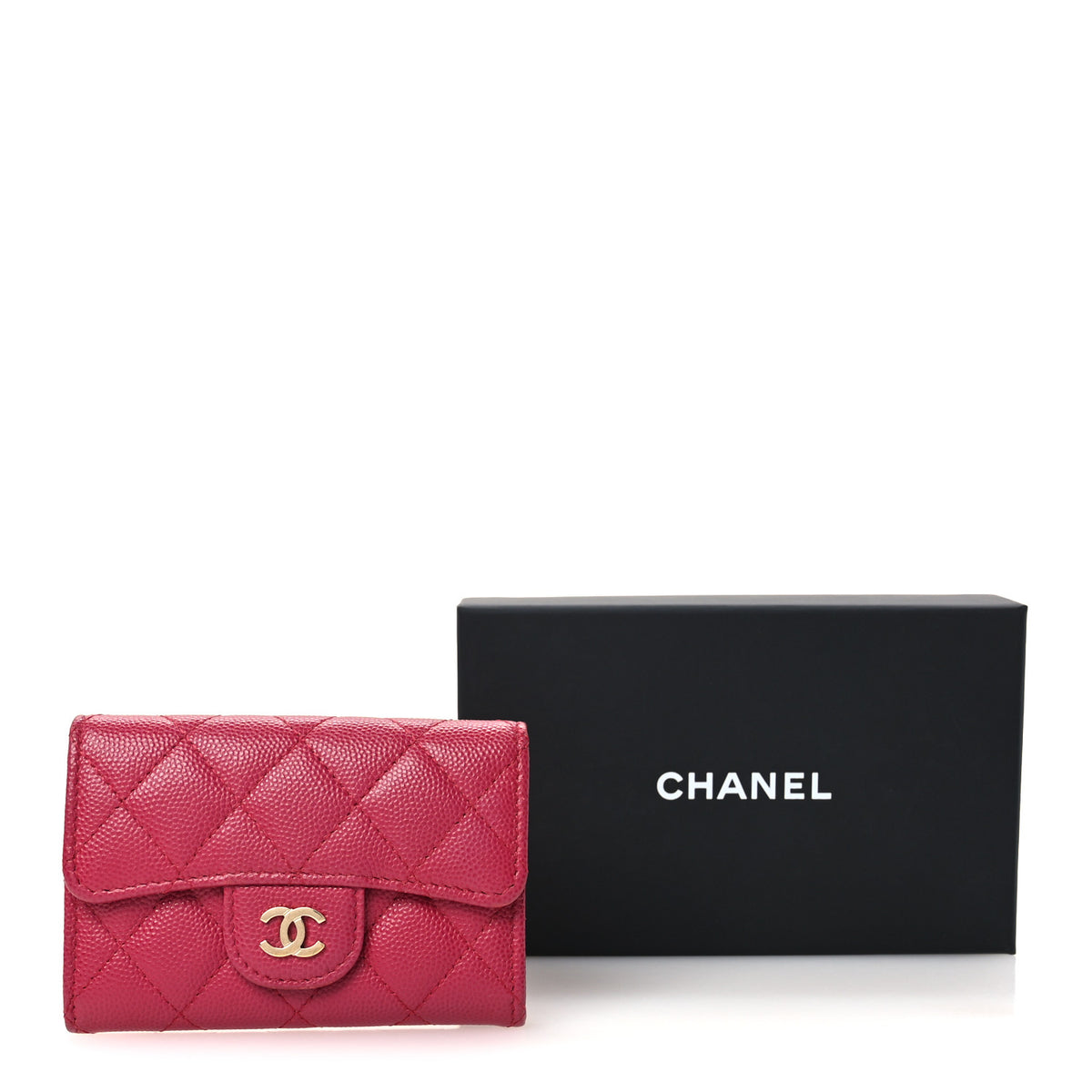 Caviar Quilted Flap Card Holder Wallet Dark Pink