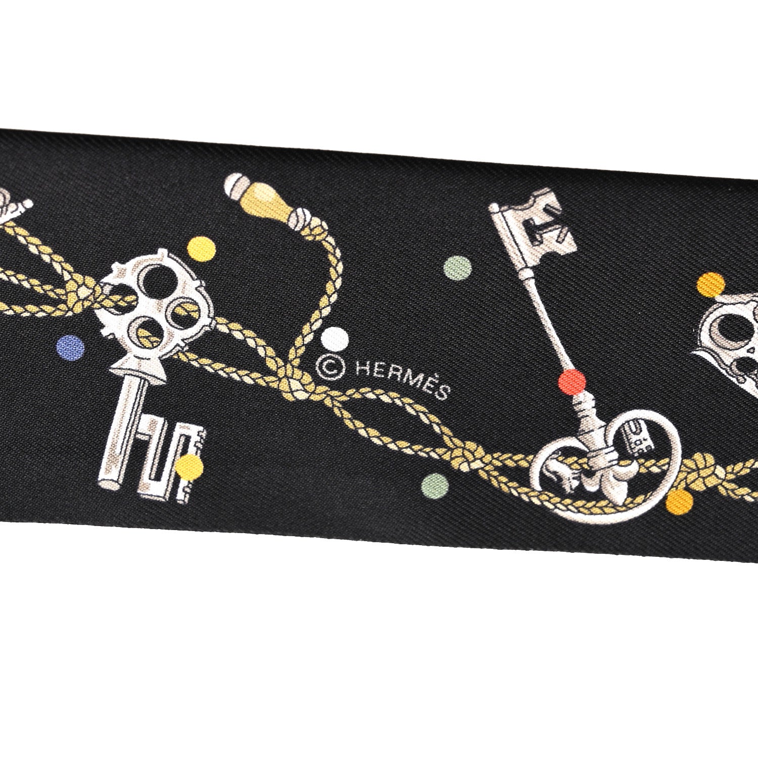 HERMES ツイリー　メソンデカレ Hermes Silk Calfskin Les Cles A Pois Fringed Twilly Black Mordoré
