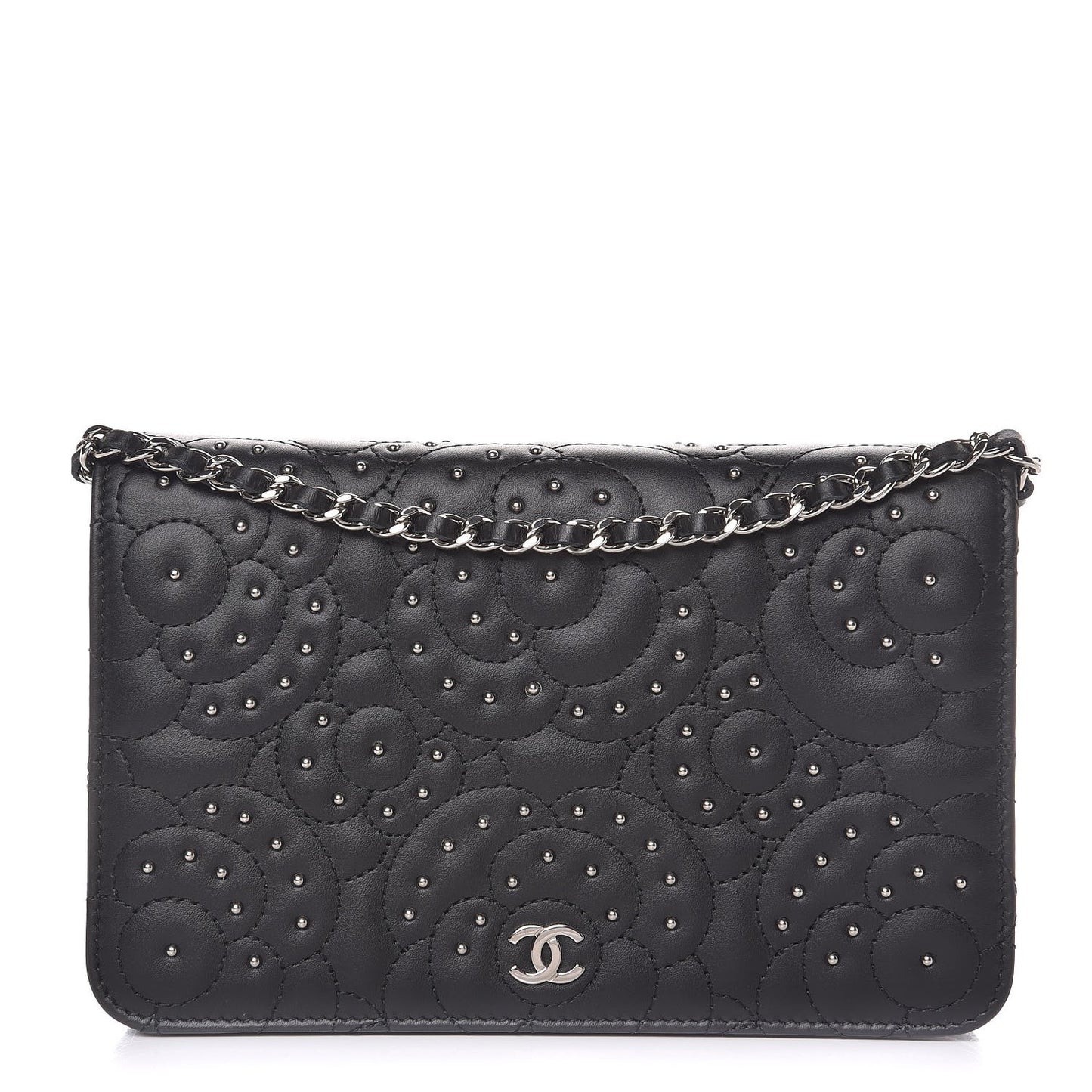 Lambskin Camellia Studded Wallet on Chain WOC Black