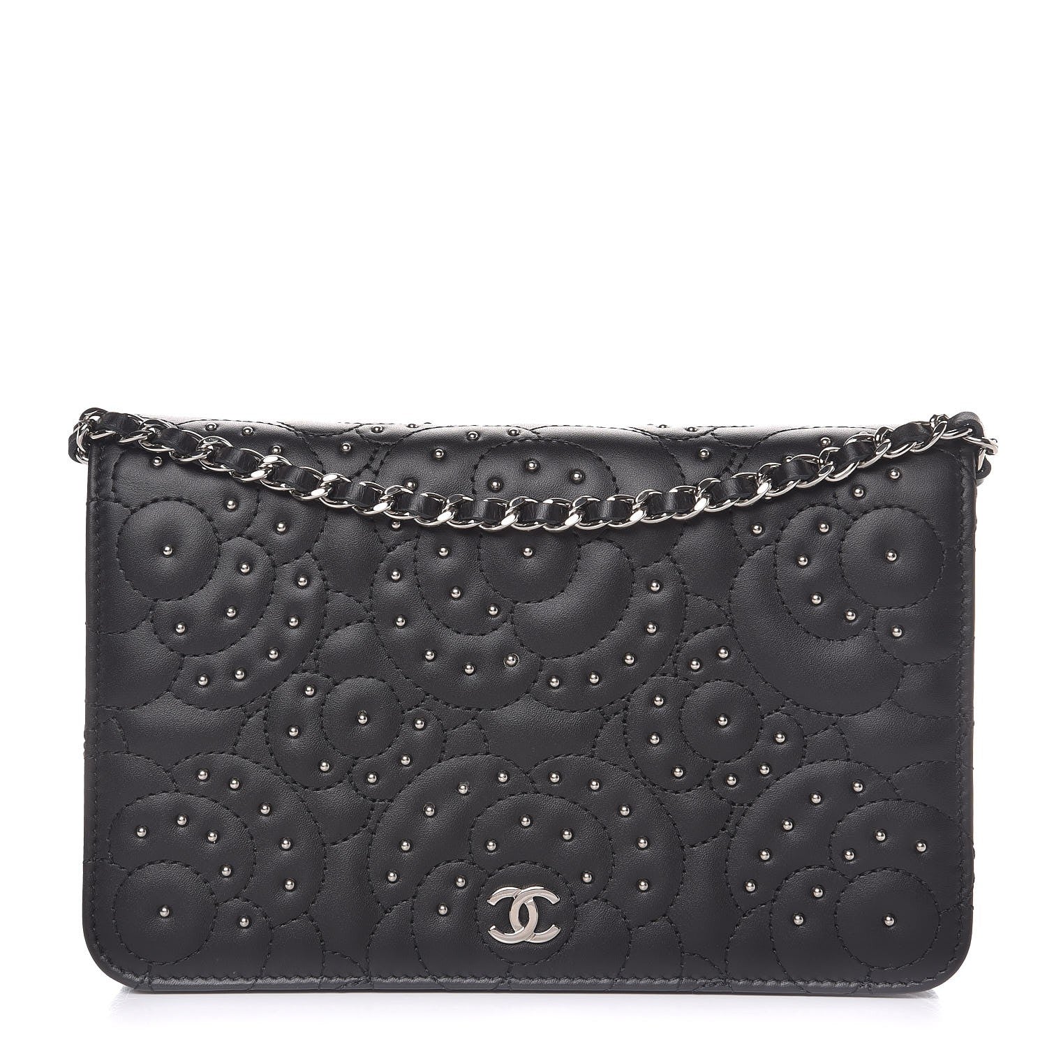Chanel Lambskin Camellia Studded Wallet on Chain WOC Black 1 of 9