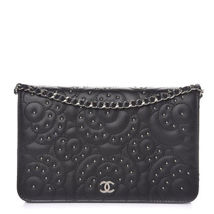 Chanel Lambskin Camellia Studded Wallet on Chain WOC Black 1 of 9