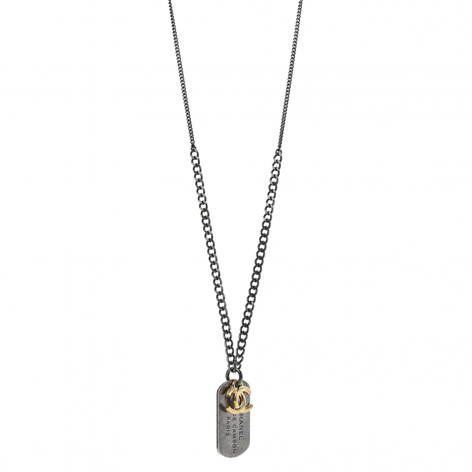 Chanel Ruthenium ID Dog Tag Charm Necklace Silver Gold 1 of 6