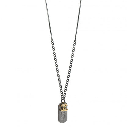 Chanel Ruthenium ID Dog Tag Charm Necklace Silver Gold 1 of 6