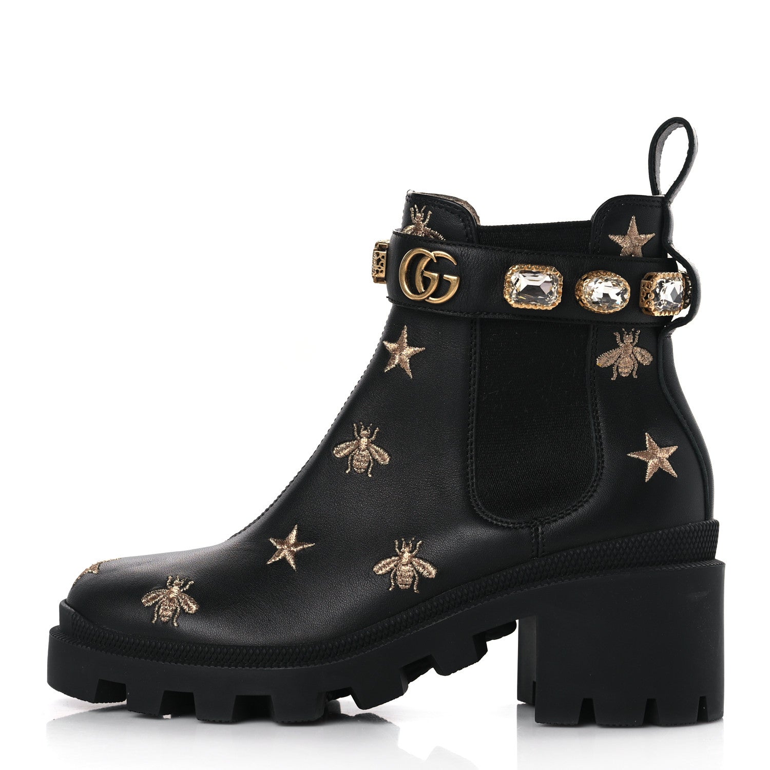 Gucci Calfskin Bee Star Embroidered Belt Ankle Boots 36.5 Black 1 of 9