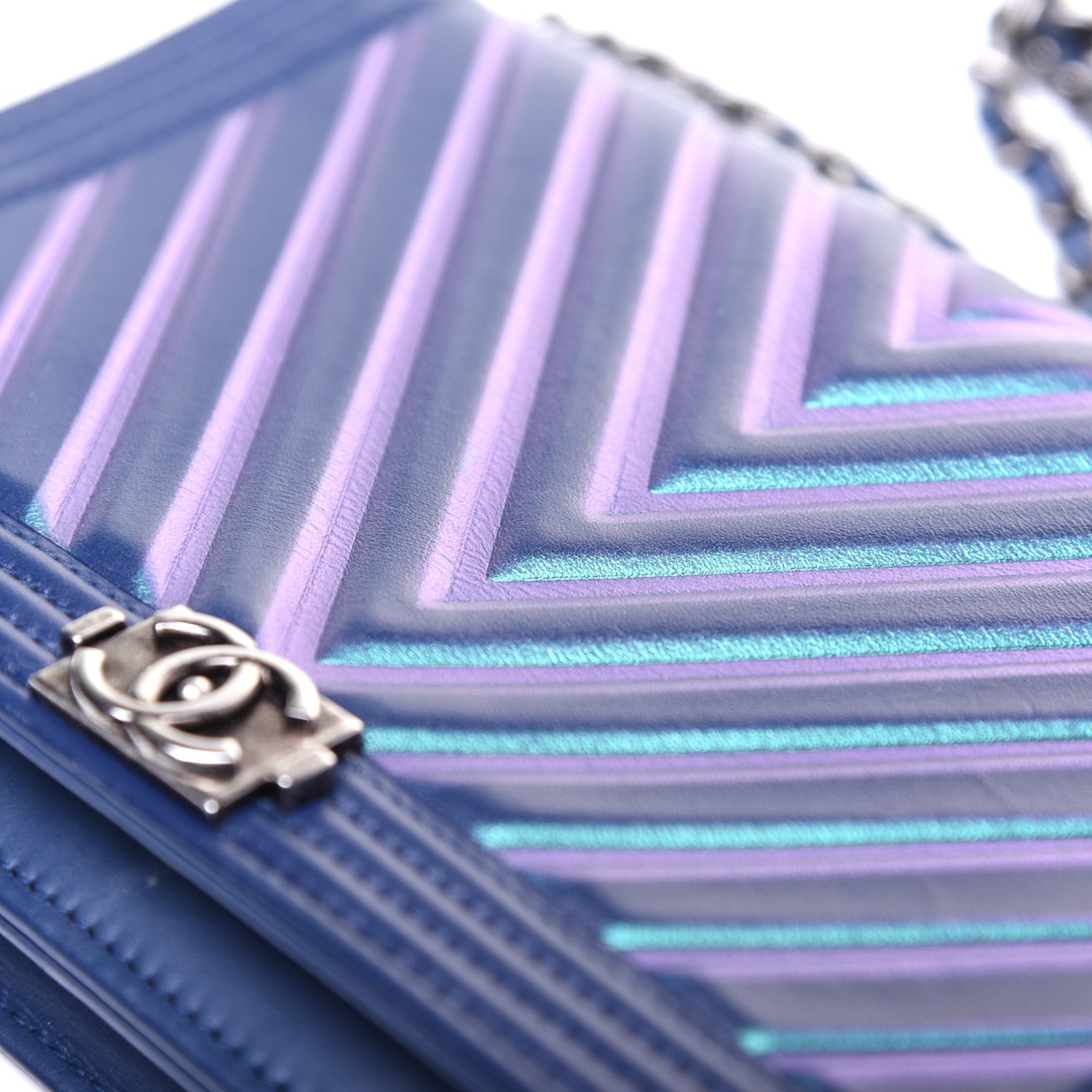 Chanel Calfskin Painted Chevron Embossed Boy Wallet On Chain WOC Navy 26 of 27