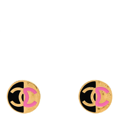 Chanel Metal Enamel CC Round Earrings Gold Pink Black 1 of 5