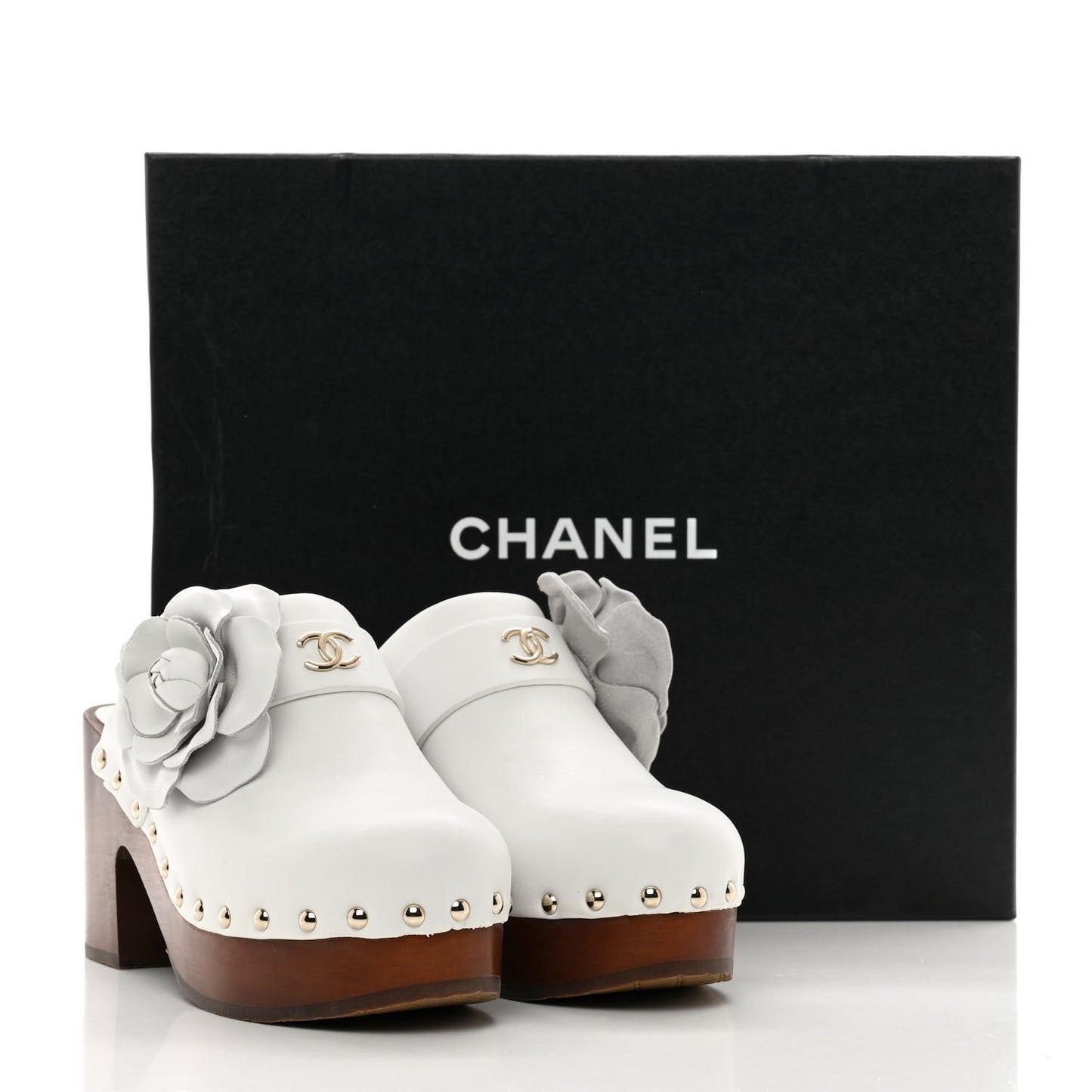 Calfskin Camellia Clogs 37 White