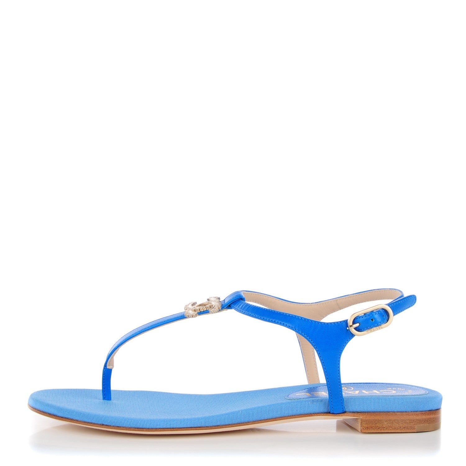 Chanel Shiny Kidskin CC Logo Thong Sandals 35 Blue 1 of 8