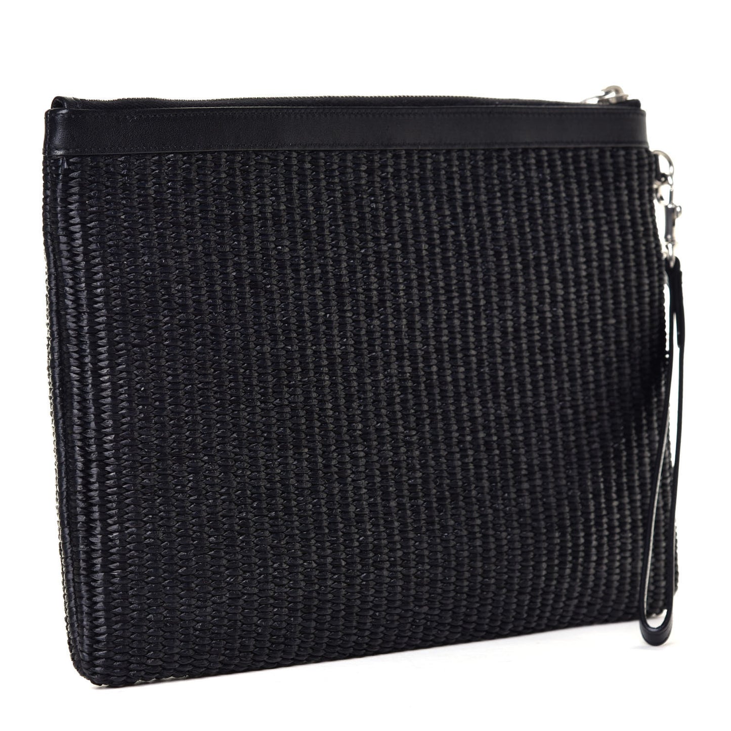 Raffia Linen Calfskin Rive Gauche Zipped Pouch Black