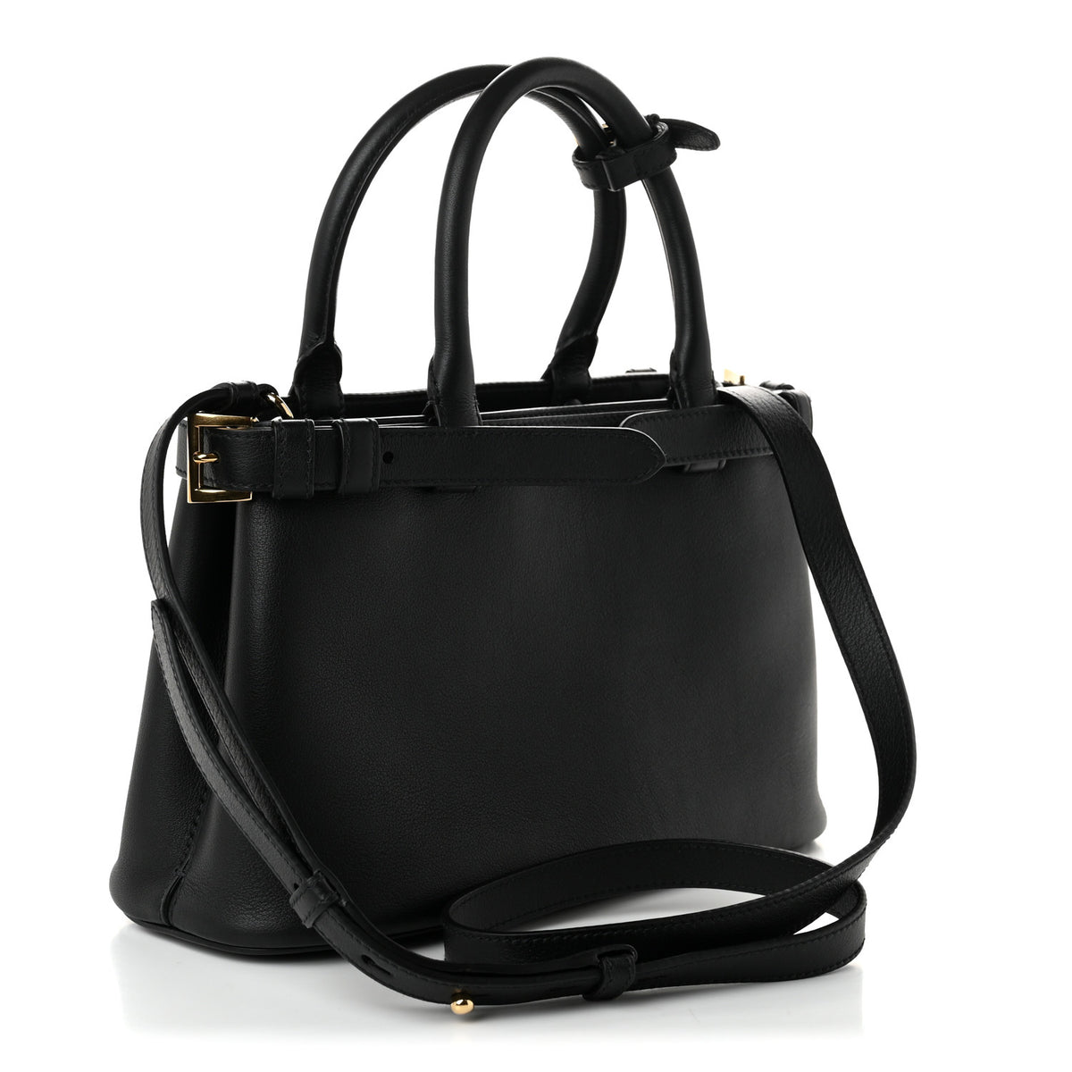 Soft Grain Calfskin Small Double Belt Tote Black
