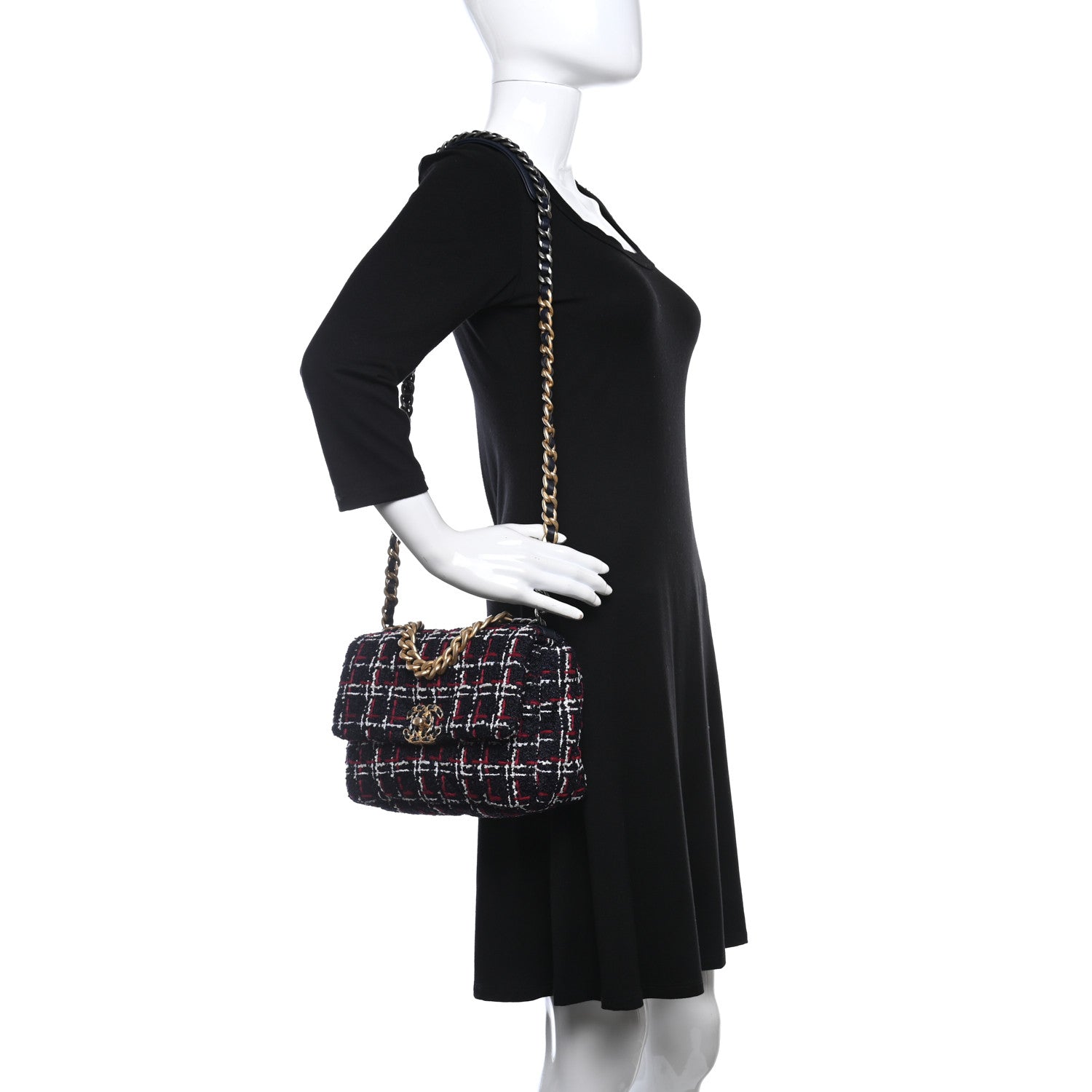 Chanel Tweed Quilted Medium Chanel 19 Flap Navy Blue White Red 2 of 11