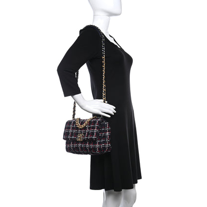 Chanel Tweed Quilted Medium Chanel 19 Flap Navy Blue White Red 2 of 11